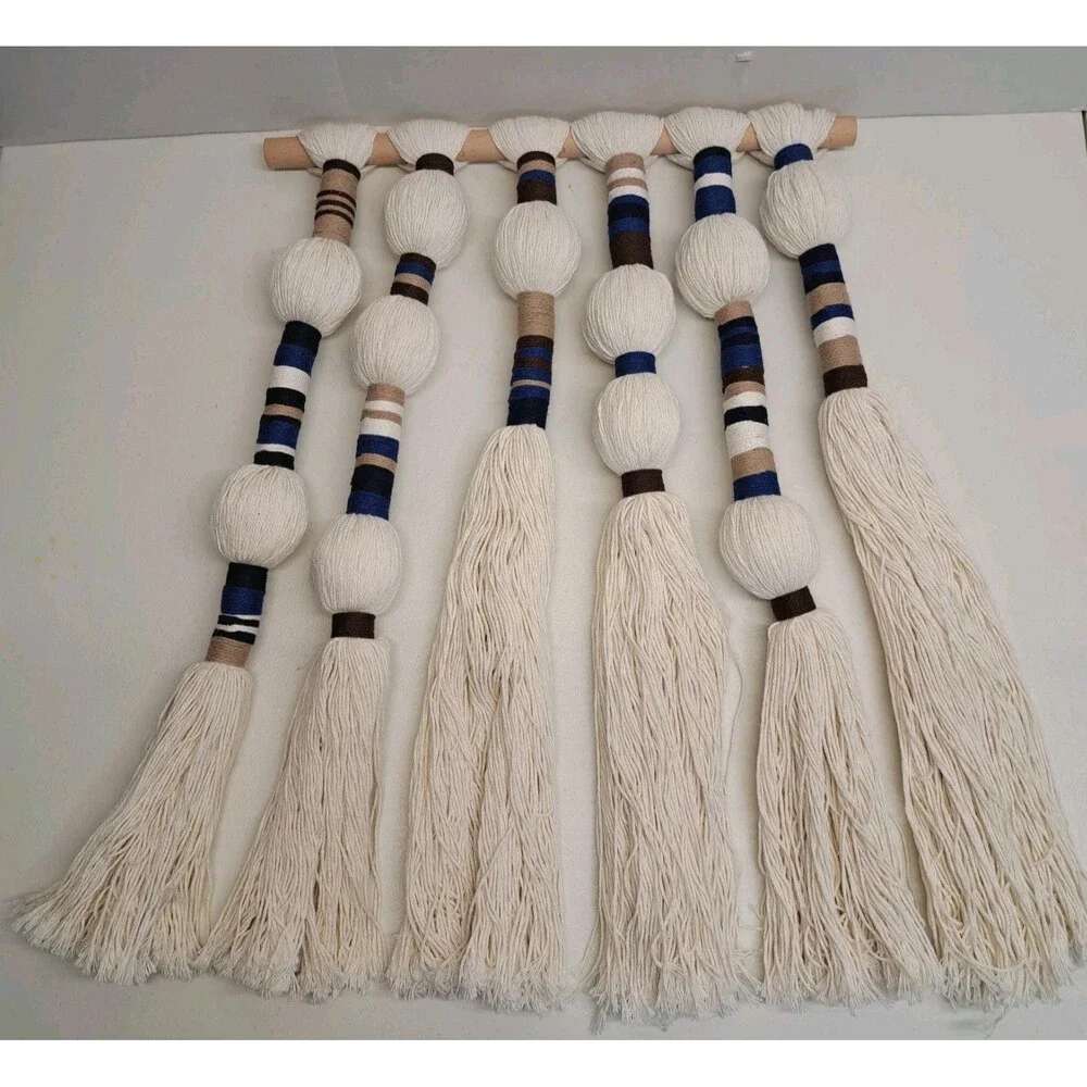 Macrame Wall Hanging Woven Tapestries Handmade Cotton Yarn with Ball Blue